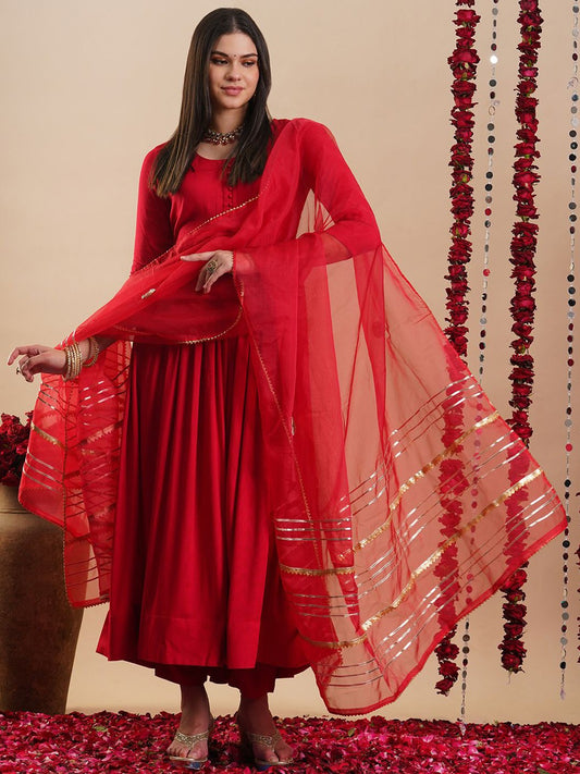 Solid Round Neck Regular Anarkali Kurta with Trousers & Dupatta