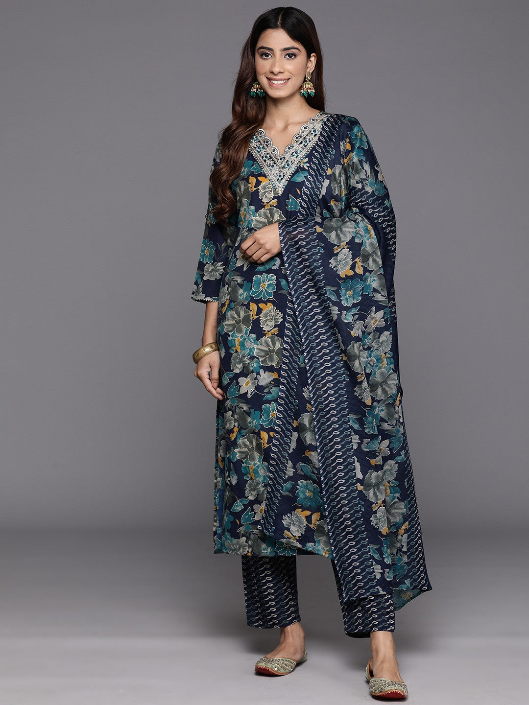 Varanga - Floral Printed Zari Embroidered Kurta with Trouser & Dupatta