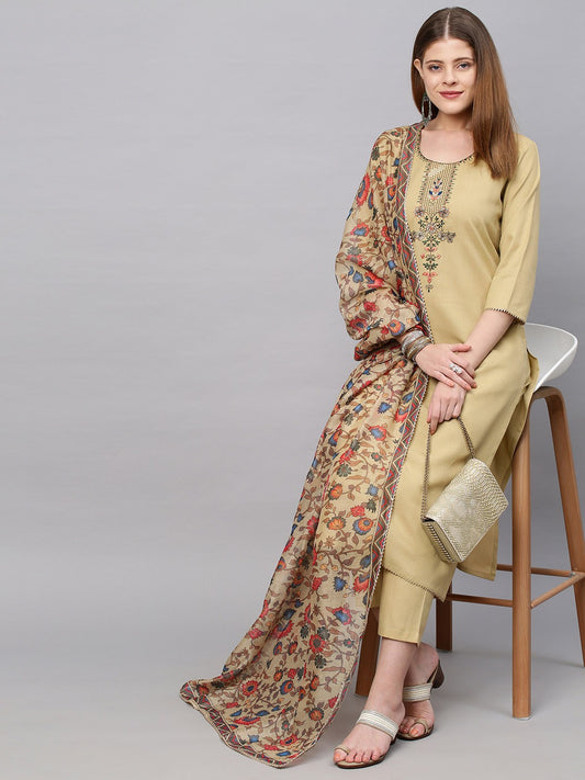 GoSriKi - Women Beige Floral Yoke Design Straight Kurta with Trousers & With Dupatta